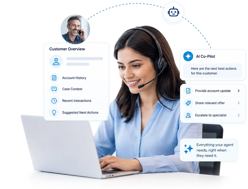 Customer support agent on a headset using an AI co-pilot that surfaces customer overview and next best actions
