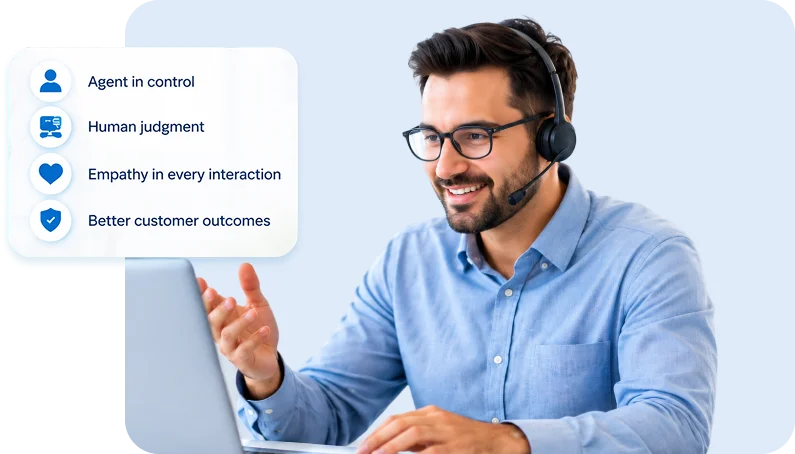 Support agent on a headset with a checklist showing agent in control, human judgment, empathy in every interaction, and better customer outcomes